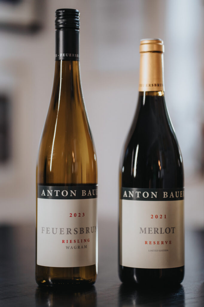 Zwei Weinflaschen von Anton Bauer Feuersbrunn Riesling und Merlot Reserve