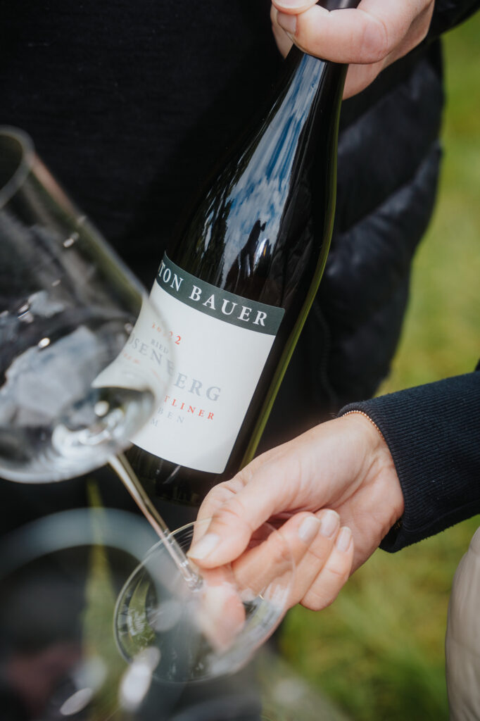 Anton Bauer Rosenberg Grüner Veltliner wird in Weinglas eingeschenkt